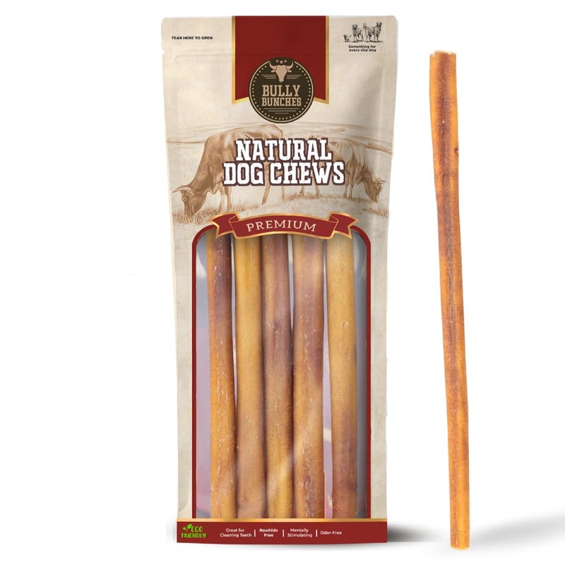 Bully Bunches Premium 12 Inch Standard Odor Free Bully Sticks for Small & Medium Dogs - Long Lasting Chews for Oral Care - Rawhide-Free, All Natural Beef Dog Treats, Packaging May Vary (5 Pk) - Image 1